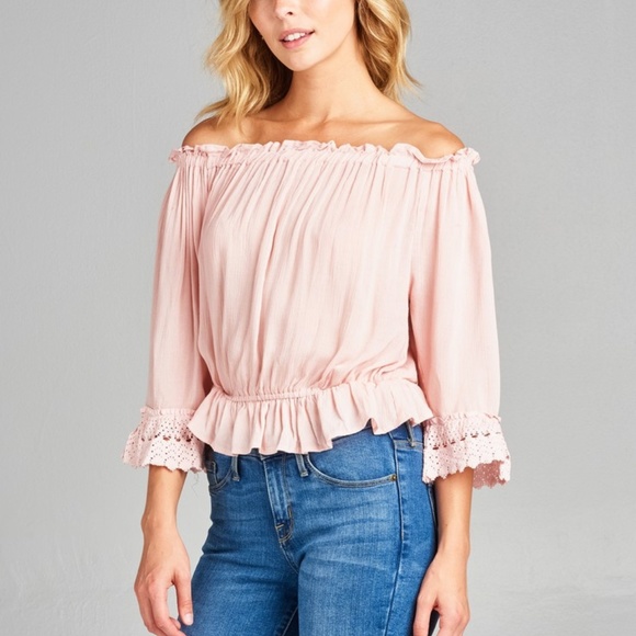 Pink Off Shoulder Lace Sleeve Top 08005 - Picture 3 of 5